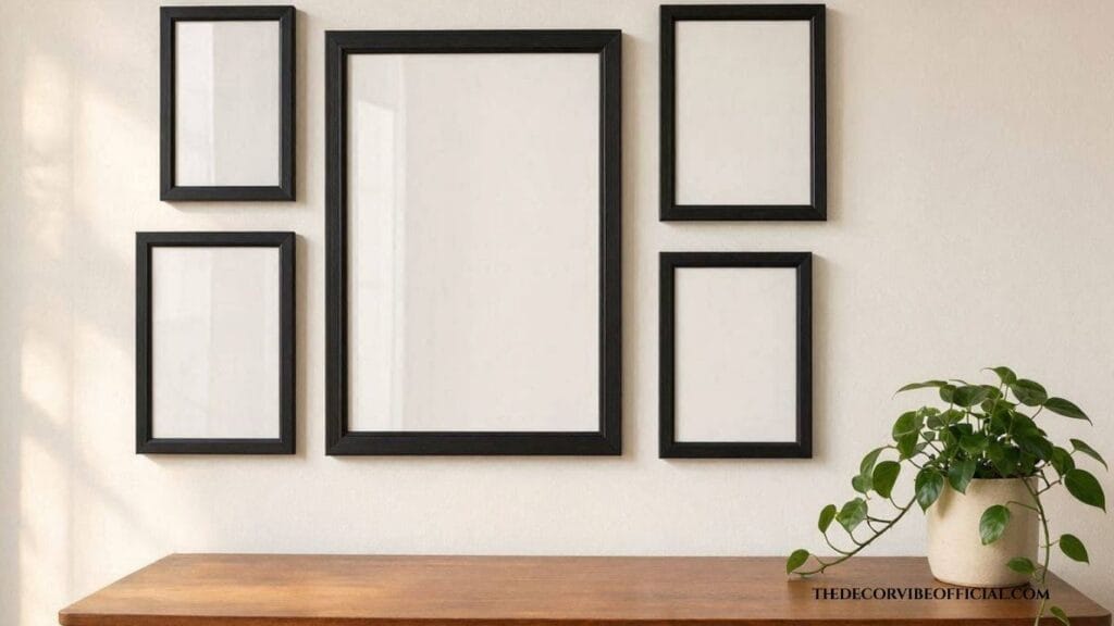 Gallery wall home office wall decor idea with black frames above walnut desk