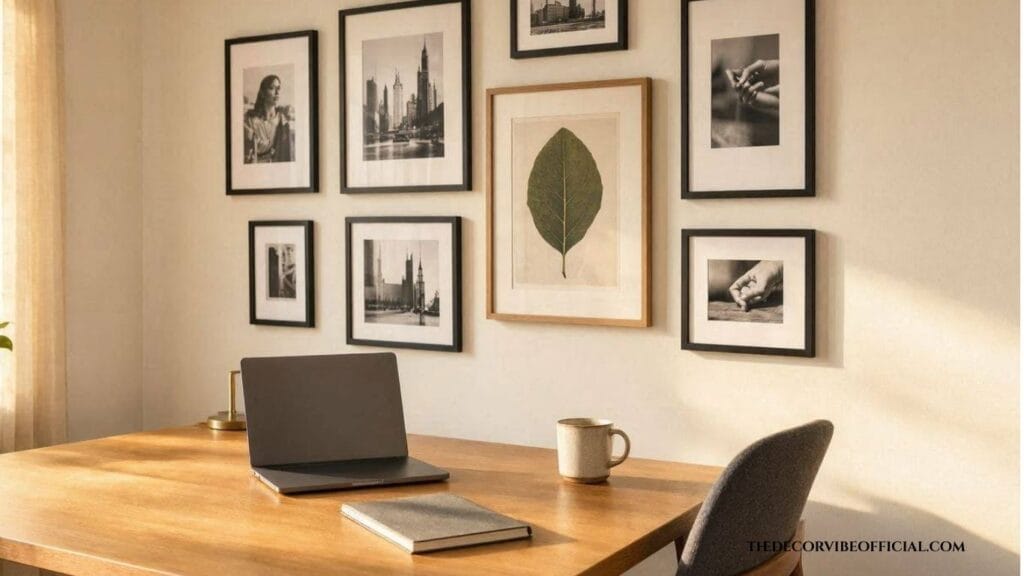 Home office wall decor ideas with mixed gallery frame arrangement above desk