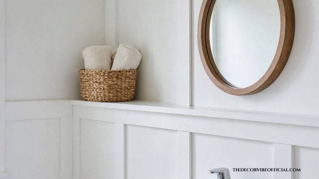 White semi-gloss board and batten wall in a small powder bathroom