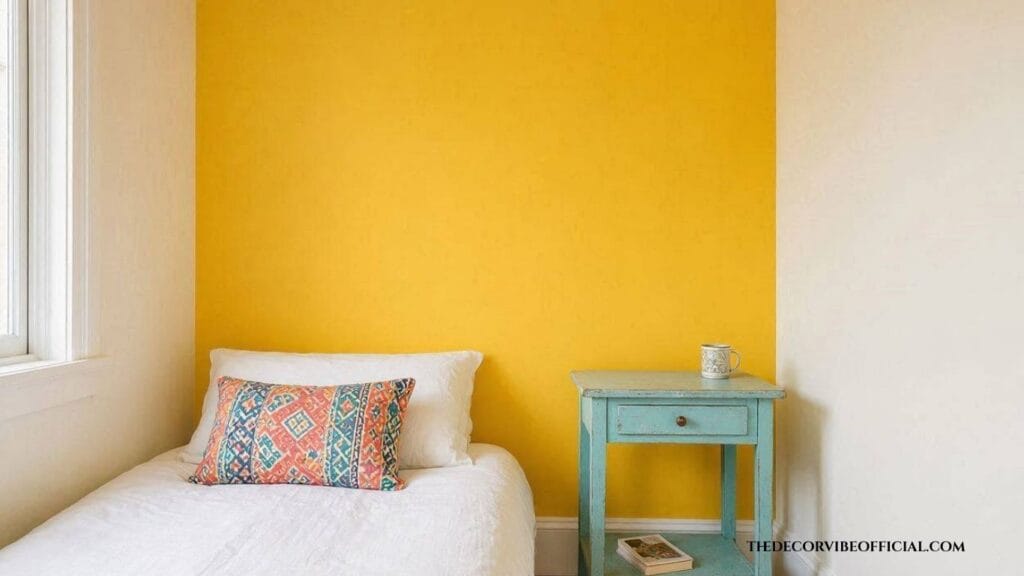 Small bedroom dopamine decor idea with one bold yellow accent wall