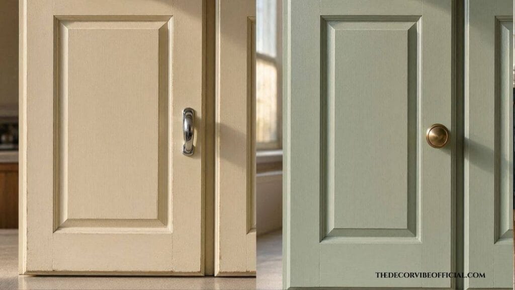 Budget English kitchen ideas with repainted cabinet and brass knob