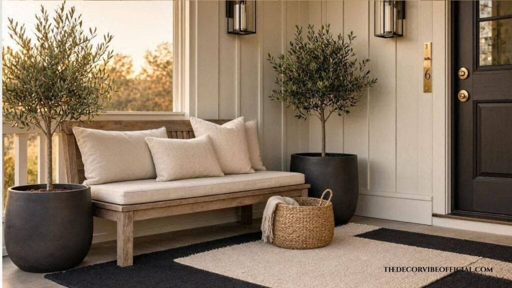 Small porch decorated on a budget with layered rugs, modern lighting, and cozy bench seating.