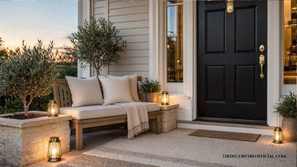 Luxury small porch with warm solar lanterns, layered rugs, and cozy evening lighting.
