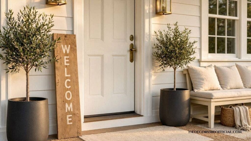 Small porch featuring a wooden welcome sign, matching planters, and cozy neutral decor.