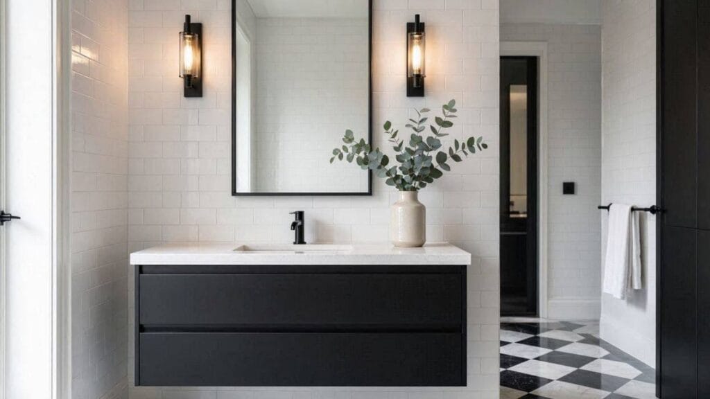Elegant black and white bathroom with checkerboard tile flooring and matte black vanity.