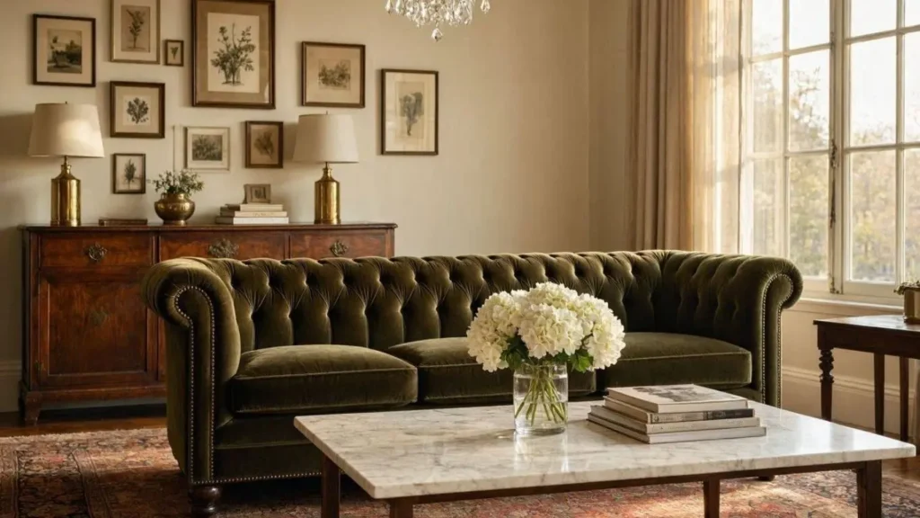 Old Money Living Room Ideas with walnut furniture, marble table, brass lighting, and English country styling.