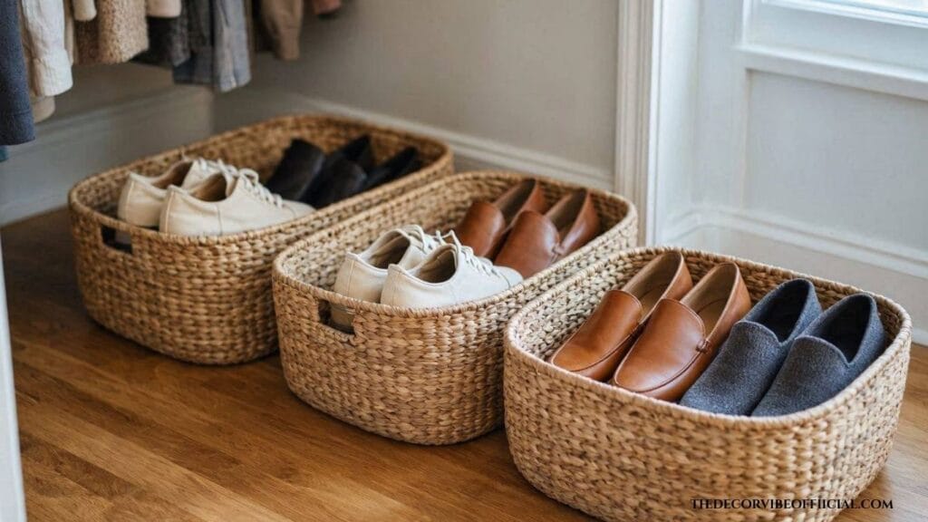 Coat closet organization ideas with woven basket shoe storage