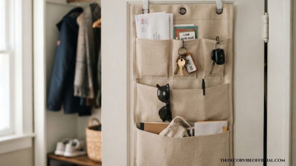Coat closet organization ideas with a door-mounted mail and key pocket