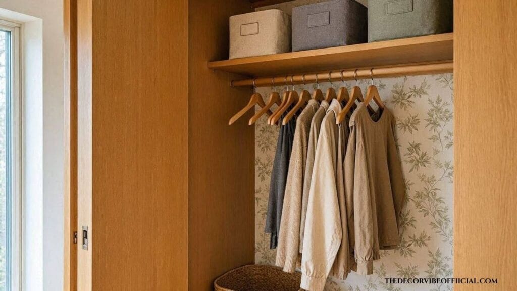 Coat closet organization ideas with matching hangers and a wallpapered back wall