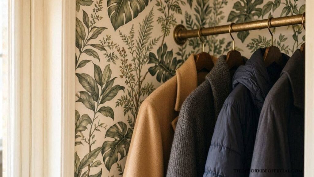 Coat closet organization ideas with a wallpapered back wall