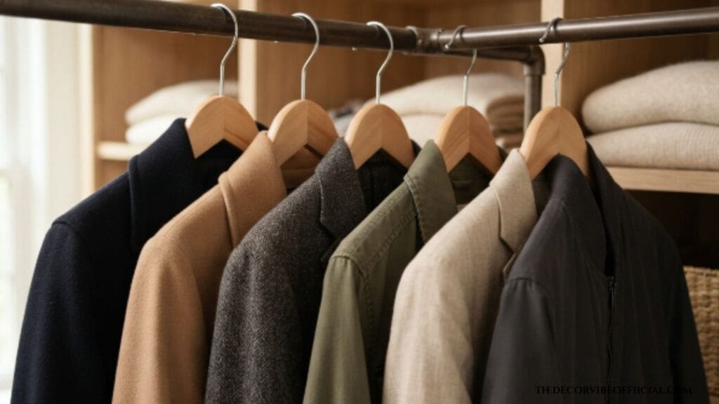 Coat closet organization ideas with matching wood hangers