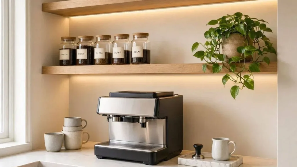 Coffee bar ideas for small spaces featuring floating wooden shelves, an espresso machine, ceramic mugs, glass jars, and warm modern decor.