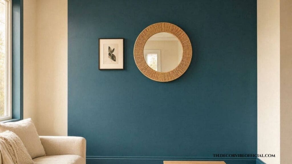 Color drenched teal accent wall in a dopamine decor bedroom
Dopamine Decor Bedroom Ideas
