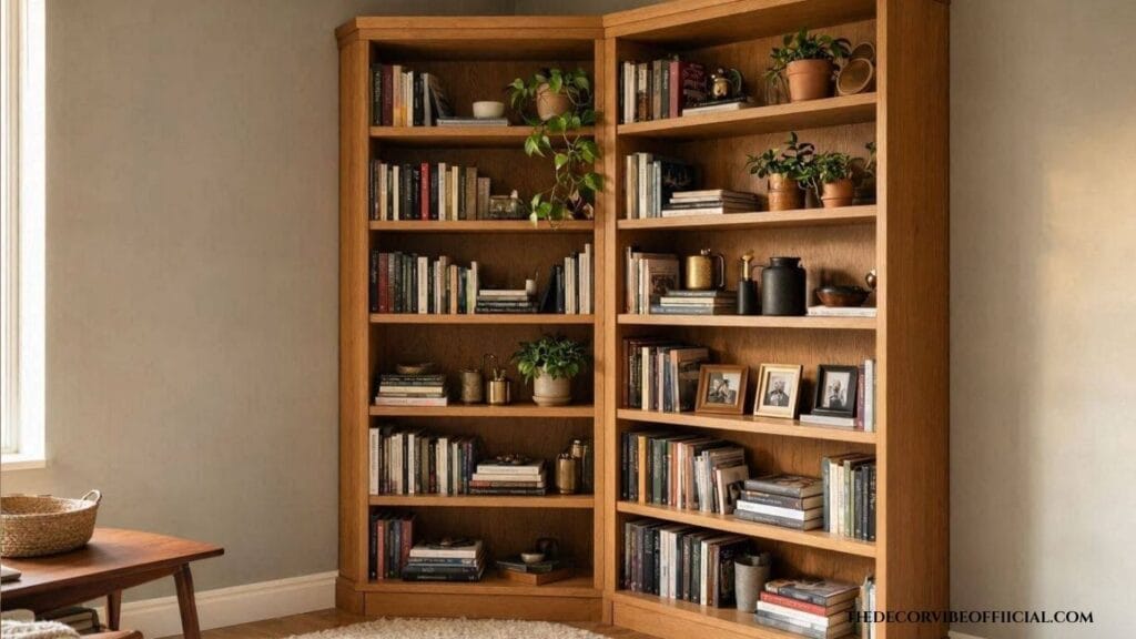 Corner decorating ideas living room with a fitted corner bookshelf