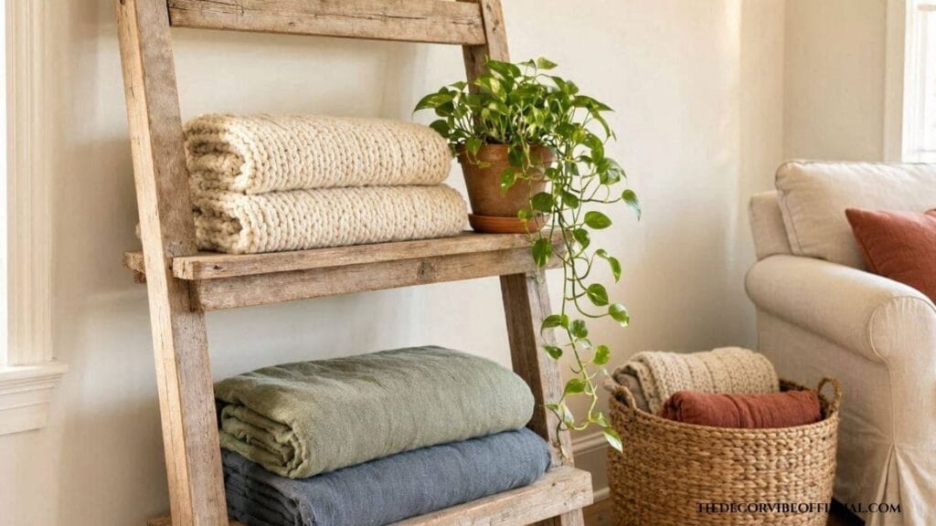 Corner decorating ideas living room with a farmhouse ladder shelf