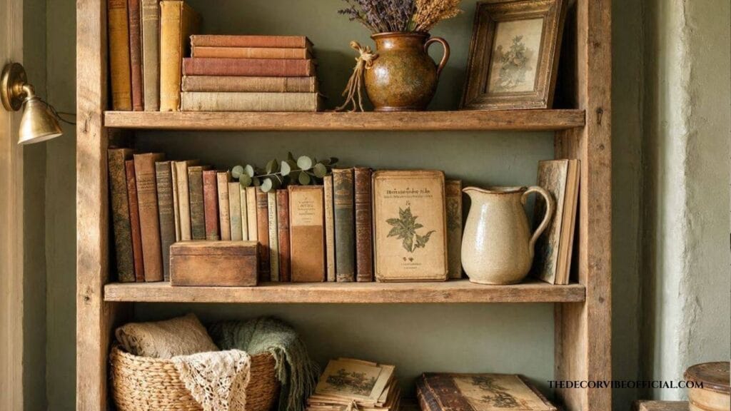 Cottagecore bookshelf with cream books, woven baskets, trailing ivy plant, ceramic pitcher, and vintage candlestick creating cozy ambiance
