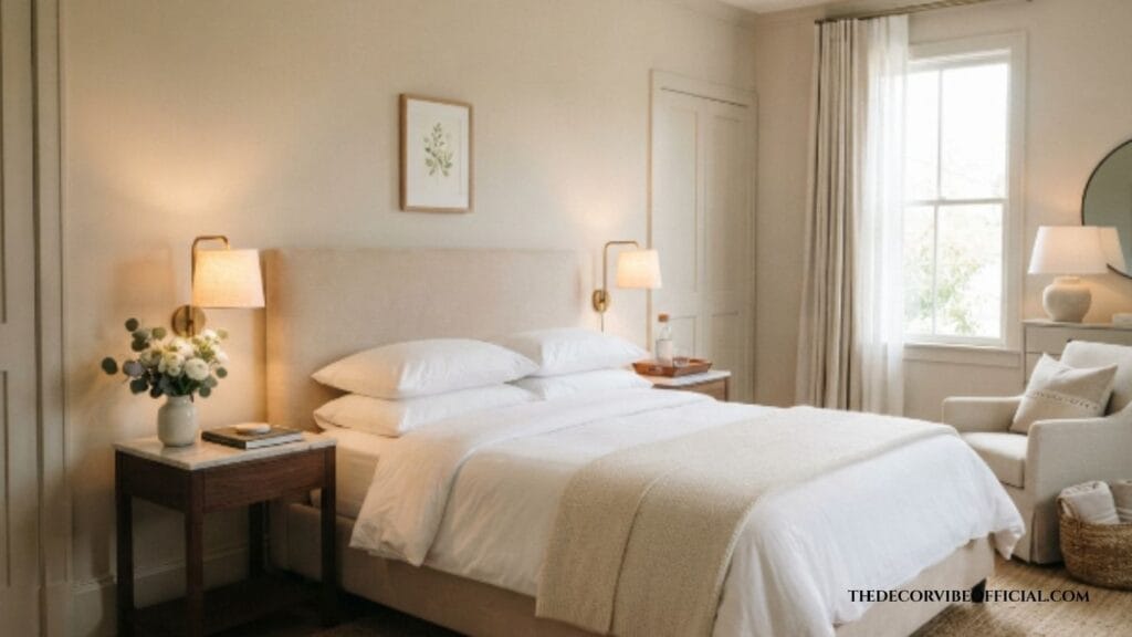 Cozy beige guest bedroom with white linens, neutral decor, and welcoming luxury styling