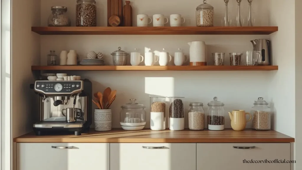 Cozy coffee bar ideas for home featuring floating wooden shelves, a modern espresso machine, glass storage jars, neutral decor, and warm lighting.
coffee bar ideas for home
