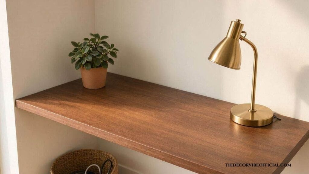 home office corner ideas with floating walnut desk and brass lamp
