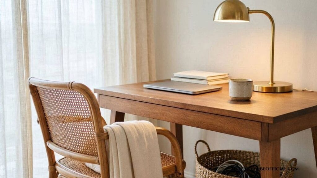 Cozy home office decor ideas with wood desk, brass lamp, and rattan chair