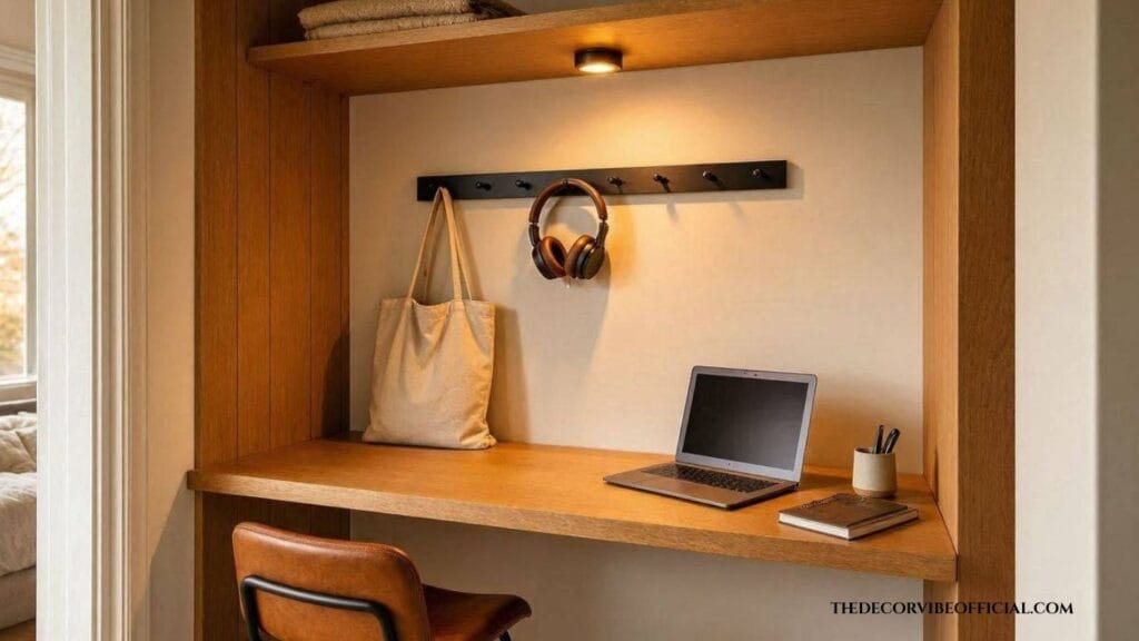 Small cozy home office setup in a converted closet space