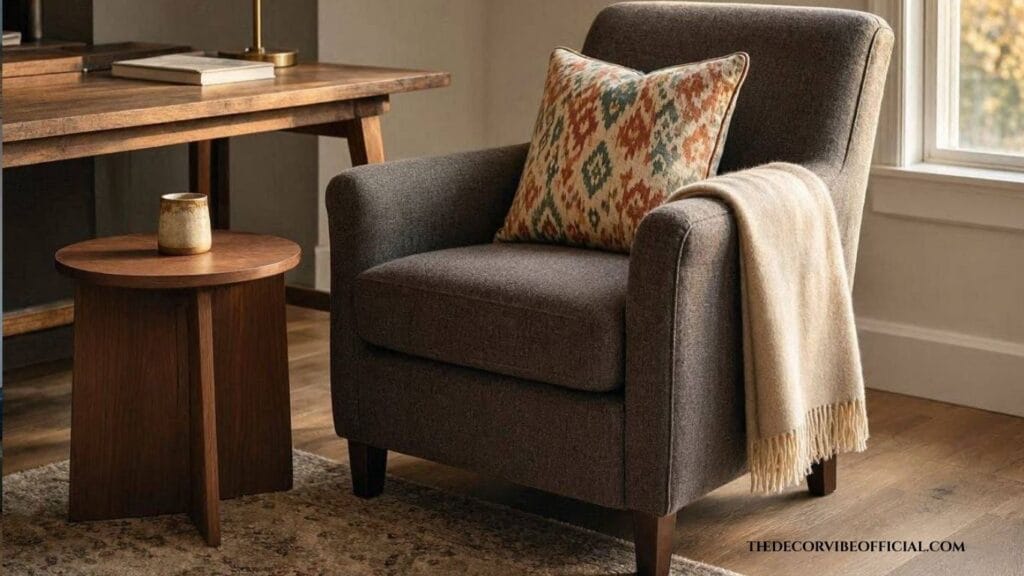Cozy reading nook beside a home office desk with throw blanket and candle
