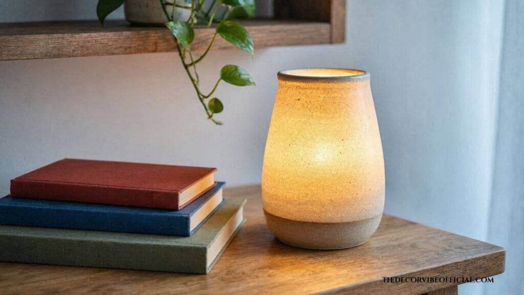 Layered warm lighting and books styled on a cozy home office desk