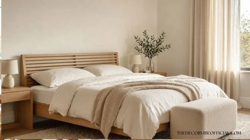 Scandinavian bedroom with oak furniture, layered linen bedding, and soft natural light.