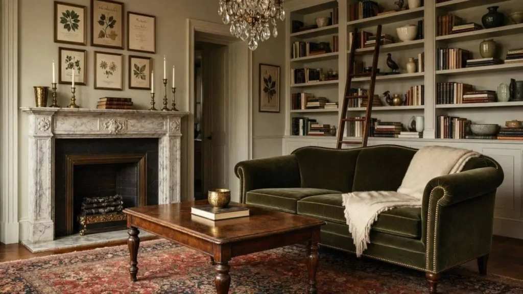 Crystal chandelier creating timeless elegance in an old money living room.