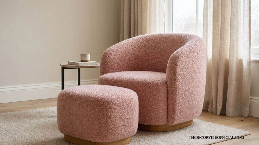 Rounded bouclé accent chair and curved ottoman in a living room corner