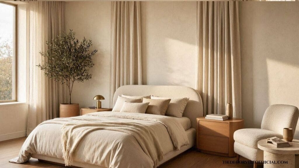 Cozy minimalist bedroom featuring curved furniture and warm neutral textures.