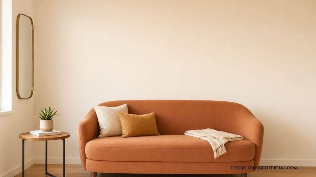 Small living room with a curved terracotta loveseat and round side table