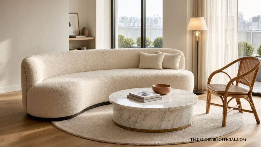 Curved furniture living room ideas with a bouclé sofa and round coffee table