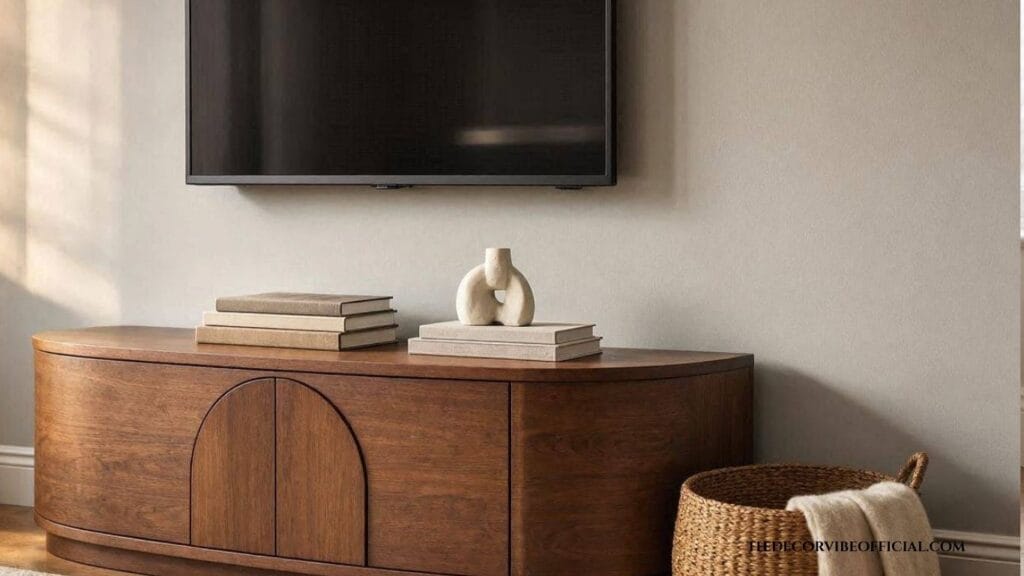 Curved wooden media console with arched cabinet doors in a living room