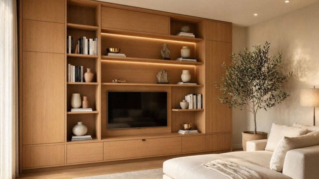 Built-in floor-to-ceiling shelving creating stylish storage in a small living room