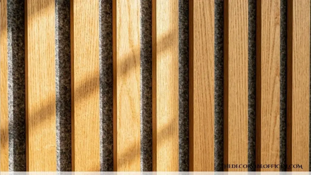 Close-up of evenly spaced wood slat panel installation showing natural wood grain