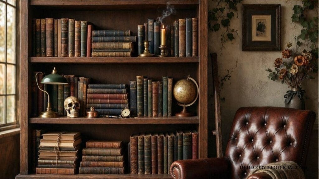 Dark academia bookshelf with burgundy and navy books, gold bookends, vintage globe, and framed botanical art on wooden shelves