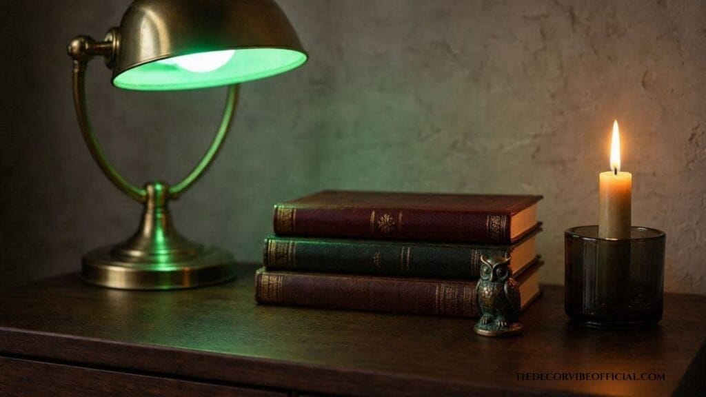 Dark academia aesthetic nightstand decor with brass banker's lamp