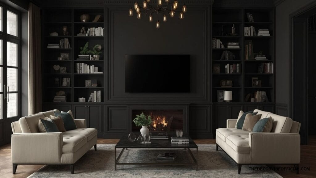 Affordable luxury home decor ideas with dark walls cream sofa Edison chandelier and built-in shelving