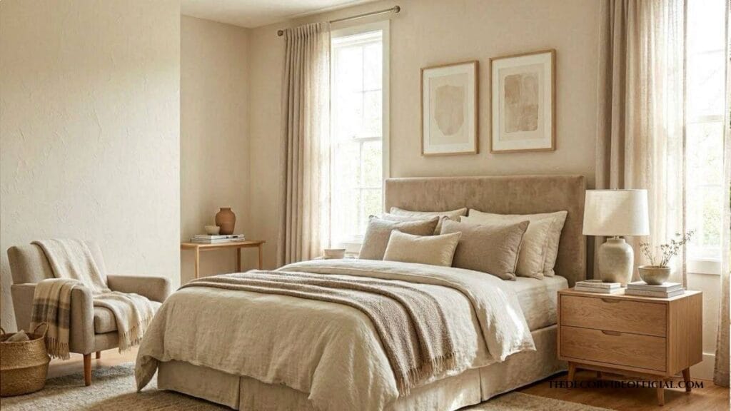Beige bedroom color palette showing warm beige, cream, taupe, and greige tones