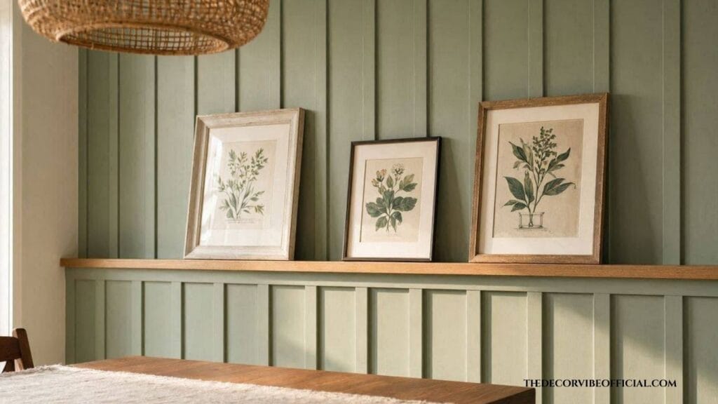 Sage green board and batten dining room wall with picture ledge and framed prints