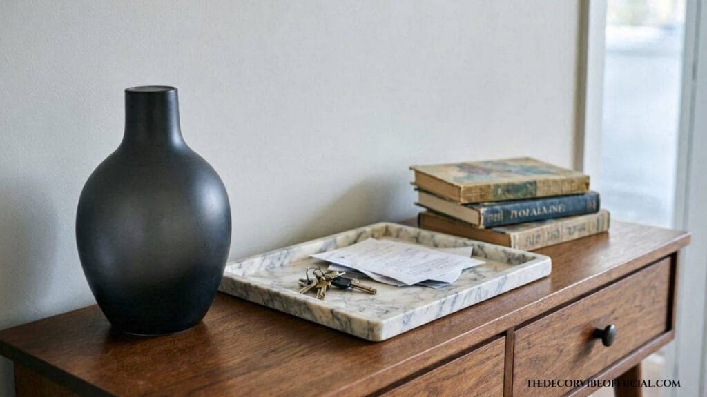 Dollar tree home decor hacks with a painted vase and faux marble tray