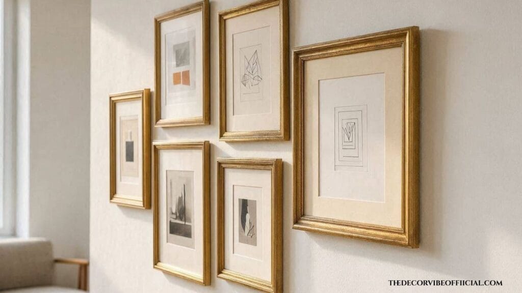 Dollar tree home decor hacks with a unified gold frame gallery wall