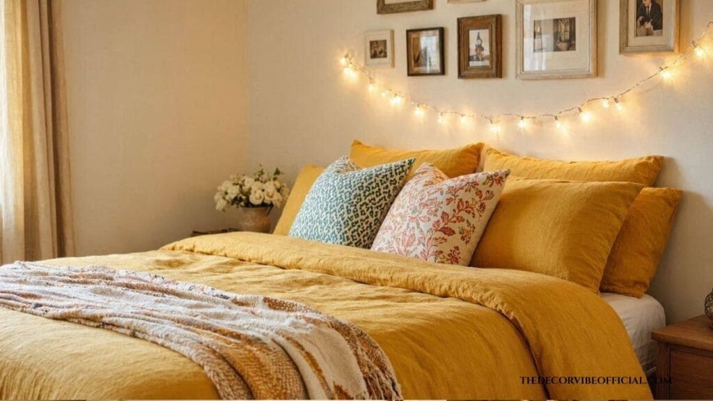Dopamine decor bedroom with mustard bedding, string lights, and a colorful gallery wall