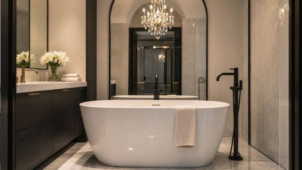 Elegant black and white bathroom with a freestanding tub and crystal chandelier.