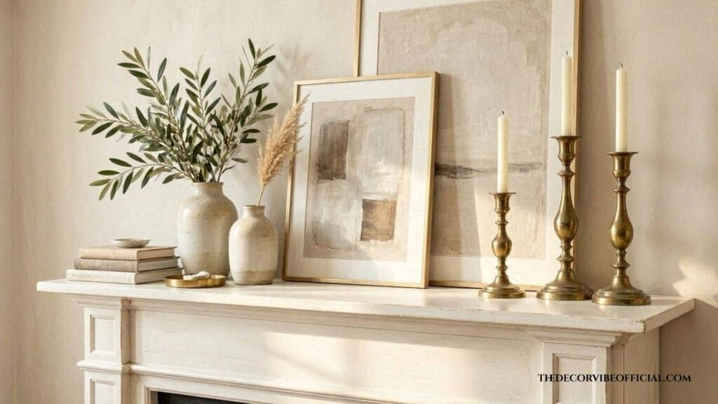 Luxury fireplace mantel decorated with brass candlesticks, layered artwork, and ceramic accessories.