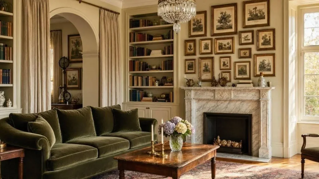Old Money Living Room Ideas featuring an English country living room with antique furniture, botanical artwork, Persian rug, and timeless luxury decor.