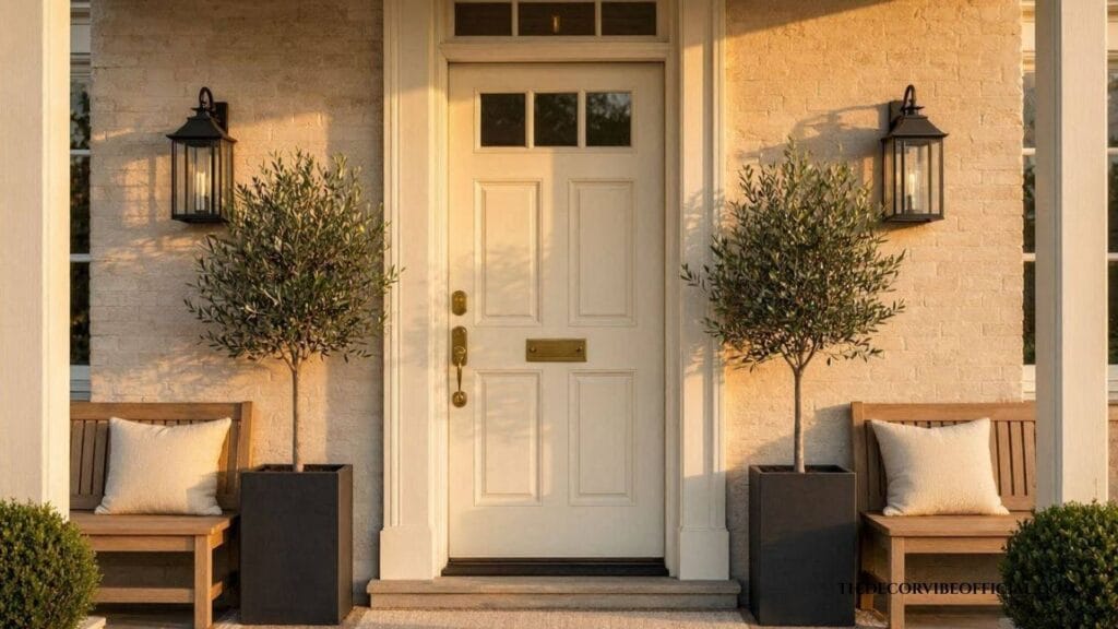 Luxury small porch featuring symmetrical planters, lighting, and elegant neutral decor.