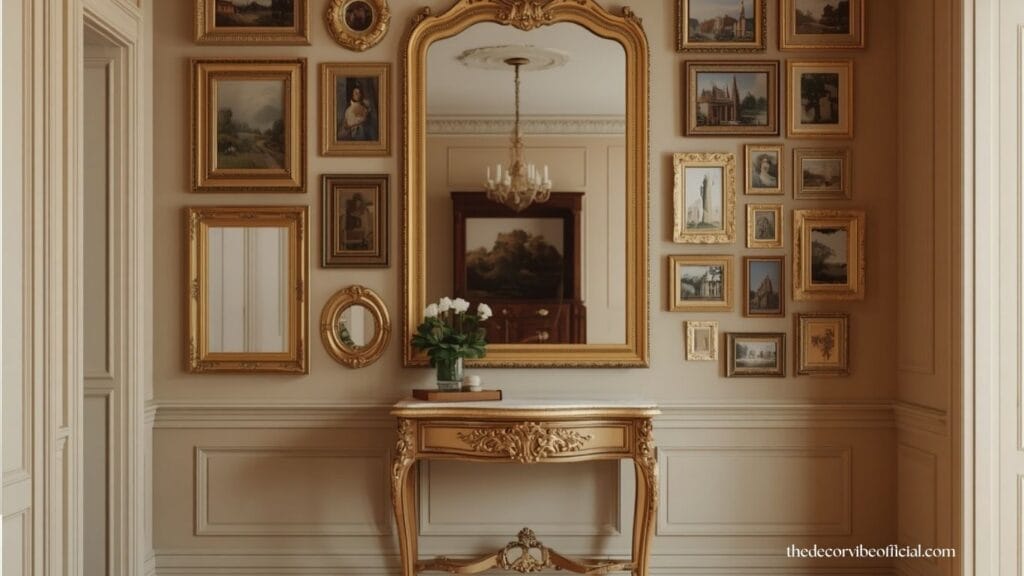 Antique hallway with vintage gold frames and elegant mirror styling.
