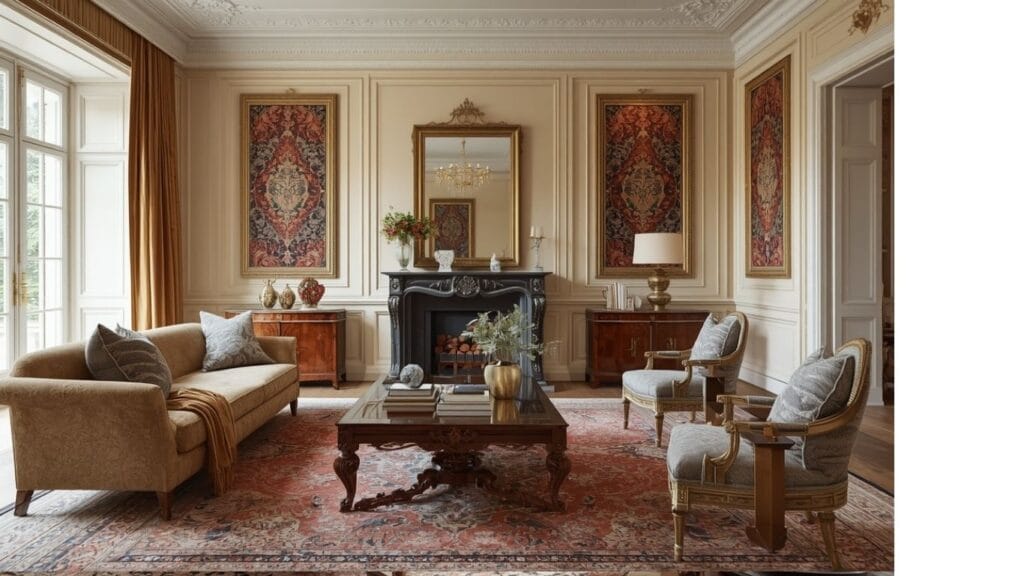Layered Persian rugs adding warmth and timeless elegance to an antique living room